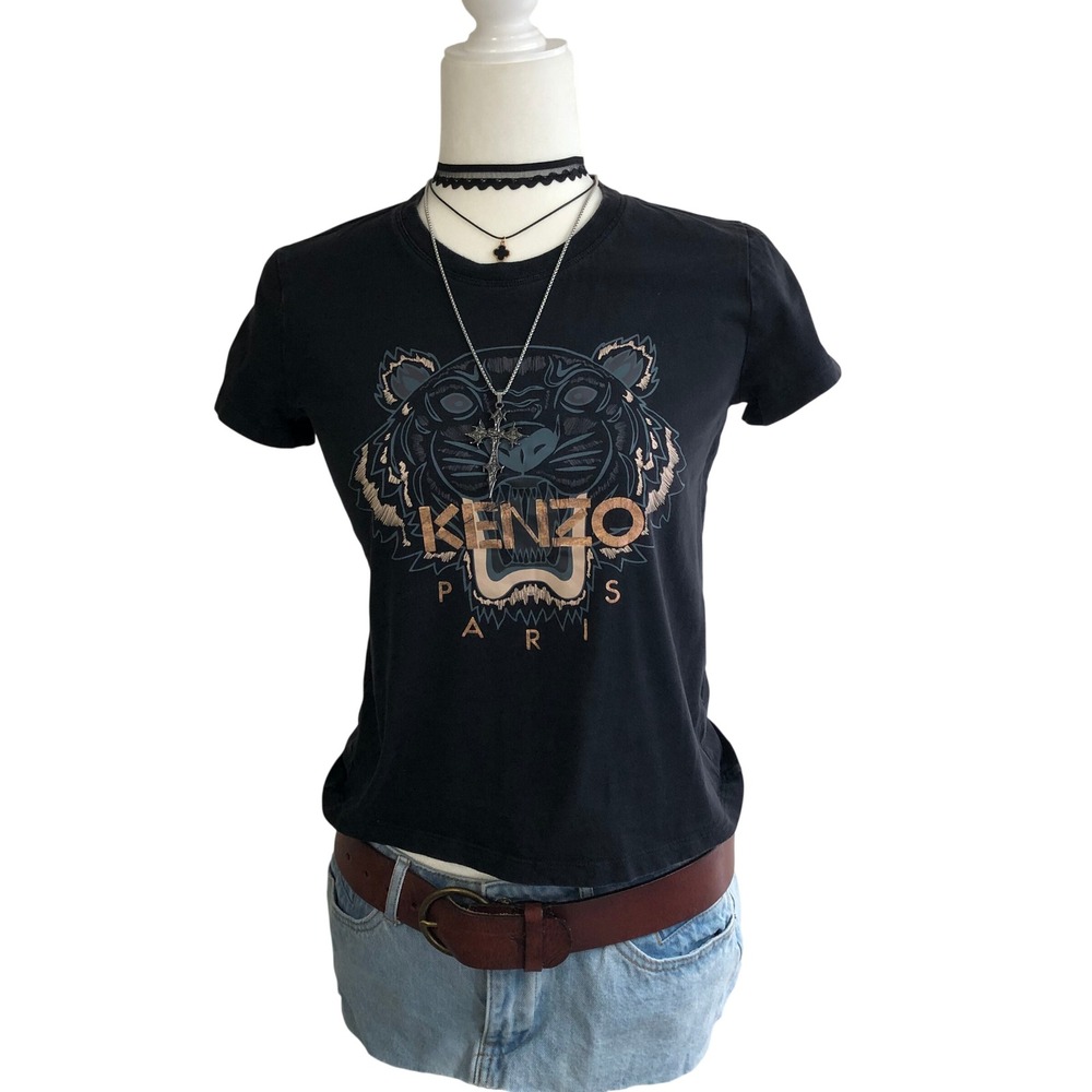 Kenzo Tiger Graphic T Shirt Womens XS Black Embroidered Designer Luxury Tee